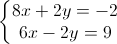 \left\{\begin{matrix}8x+2y=-2\\ 6x-2y=9\end{matrix}\right.