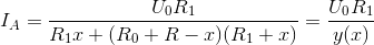 I_{A}=\frac{U_{0}R_{1}}{R_{1}x+(R_{0}+R-x)(R_{1}+x)}=\frac{U_{0}R_{1}}{y(x)}