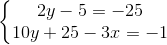 \left\{\begin{matrix} 2y - 5 = -25\\ 10y + 25 - 3x = -1 \end{matrix}\right.