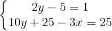 \left\{\begin{matrix} 2y - 5 = 1\\ 10y + 25 - 3x = 25 \end{matrix}\right.