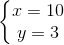 \left\{\begin{matrix} x=10\\ y=3 \end{matrix}\right.