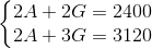 \left\{\begin{matrix} 2A + 2G = 2400\\ 2A + 3G = 3120 \end{matrix}\right.