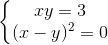 \left\{\begin{matrix} xy=3\\ (x-y)^{2}=0 \end{matrix}\right.
