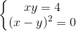\left\{\begin{matrix} xy=4\\ (x-y)^{2}=0 \end{matrix}\right.