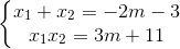\left\{\begin{matrix} x_{1}+x_{2}=-2m-3\\ x_{1}x_{2}=3m+11 \end{matrix}\right.