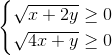 \begin{cases} \sqrt{x+2y }\geq 0\\ \sqrt{4x+y}\geq 0\\ \end{cases}