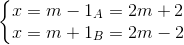 \left\{\begin{matrix} x=m-1\Rightarrow y_{A}=2m+2 & \\ x=m+1\Rightarrow y_{B}=2m-2 & \end{matrix}\right.
