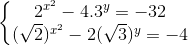 \left\{\begin{matrix} 2^{x^2} - 4.3^y = -32 & \\ (\sqrt{2})^{x^2} - 2(\sqrt{3})^y = -4 & \end{matrix}\right.