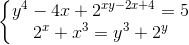 \left \{ \begin{matrix} y^{4}-4x+2^{xy-2x+4}=5\\ 2^{x}+x^{3}=y^{3}+2^{y} \end{matrix}