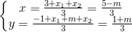 \left\{\begin{matrix} x=\frac{3+x_{1}+x_{2}}{3}=\frac{5-m}{3}\\ y=\frac{-1+x_{1}+m+x_{2}}{3}=\frac{1+m}{3} \end{matrix}\right.