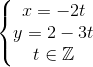 \left\{\begin{matrix} x=-2t\\ y=2-3t\\ t\in \mathbb{Z} \end{matrix}\right.