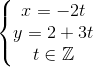 \left\{\begin{matrix} x=-2t\\ y=2+3t\\ t\in \mathbb{Z} \end{matrix}\right.