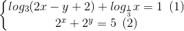 \left\{\begin{matrix} log_{3}(2x-y+2)+ log_{\frac{1}{3}}x=1 \: \; (1)\\ 2^{x}+2^{y}=5 \: \: (2)\end{matrix}\right.