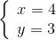 \left\{ \begin{array}{l} x = 4\\ y = 3 \end{array} \right.