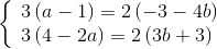 \left\{ \begin{array}{l} 3\left( {a - 1} \right) = 2\left( { - 3 - 4b} \right)\\ 3\left( {4 - 2a} \right) = 2\left( {3b + 3} \right) \end{array} \right.