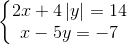 \left\{\begin{matrix} 2x+4\left | y \right |=14\\ x-5y=-7 \end{matrix}\right.