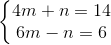 \left\{\begin{matrix} 4m+n=14\\ 6m-n=6 \end{matrix}\right.