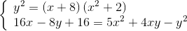 \left\{ \begin{array}{l} {y^2} = \left( {x + 8} \right)\left( {{x^2} + 2} \right)\\ 16x - 8y + 16 = 5{x^2} + 4xy - {y^2} \end{array} \right.