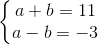 \left\{\begin{matrix} a+b=11\\ a-b=-3 \end{matrix}\right.