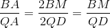 \frac{BA}{QA}=\frac{2BM}{2QD}=\frac{BM}{QD}