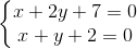 \left\{\begin{matrix} x+2y+7=0\\ x+y+2=0 \end{matrix}\right.