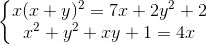 \left\{\begin{matrix} x(x+y)^{2}=7x+2y^{2}+2\\ x^{2}+y^{2}+xy+1=4x \end{matrix}\right.