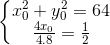 \left\{\begin{matrix} x_{0}^{2}+y_{0}^{2}=64\\ \frac{4x_{0}}{4.8}=\frac{1}{2} \end{matrix}\right.