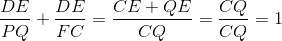 \frac{DE}{PQ}+\frac{DE}{FC}=\frac{CE+QE}{CQ}=\frac{CQ}{CQ}=1