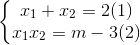 \left\{\begin{matrix} x_{1}+x_{2}=2 & (1) \\ x_{1}x_{2}=m-3 & (2) \end{matrix}\right.