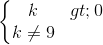 \left\{\begin{matrix} k>0 & \\ k \neq 9& \end{matrix}\right.