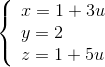 \left\{ \begin{array}{l} x = 1 + 3u\\ y = 2\\ z = 1 + 5u \end{array} \right.