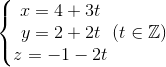 \left\{\begin{matrix} x=4+3t\\ y=2+2t\\ z=-1-2t \end{matrix}\right.(t\in \mathbb{Z})