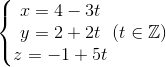 \left\{\begin{matrix} x=4-3t\\ y=2+2t\\ z=-1+5t \end{matrix}\right.(t\in \mathbb{Z})