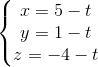 \left\{\begin{matrix} x=5-t\\ y=1-t\\ z=-4-t \end{matrix}\right.