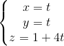\left\{\begin{matrix} x=t\\ y=t\\ z=1+4t \end{matrix}\right.