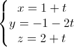 \left\{\begin{matrix}x=1+t\\y=-1-2t\\z=2+t\end{matrix}\right.