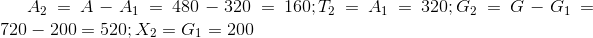 A_{2}= A - A_{1}= 480- 320 = 160 ; T_{2}= A_{1}= 320 ; G_{2}= G - G_{1}= 720- 200 = 520; X_{2}= G_{1}= 200