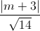 \frac{|m+3|}{\sqrt{14}}