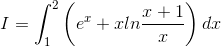 I=\int_{1}^{2}\left ( e^{x} +xln\frac{x+1}{x}\right )dx