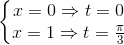 \left\{\begin{matrix} x=0\Rightarrow t=0\\x=1\Rightarrow t=\frac{\pi }{3} \end{matrix}\right.
