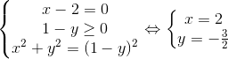 \left\{\begin{matrix} x-2=0\\ 1-y\geq 0\\ x^{2}+y^{2}=(1-y)^{2} \end{matrix}\right.\Leftrightarrow \left\{\begin{matrix} x=2\\ y=-\frac{3}{2} \end{matrix}\right.