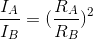 \frac{I_{A}}{I_{B}}=(\frac{R_{A}}{R_{B}})^{2}