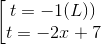 \left [ \begin{matrix} t =- 1(L)) & \\ t = -2x+7 & \end{matrix}