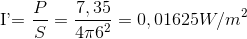 $I'=\dfrac{P}{S}=\dfrac{7,35}{4\pi 6^{2}}=0,01625W/m^{2}$