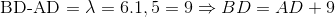 $BD-AD = \lambda =6.1,5=9 \Rightarrow BD=AD+9$