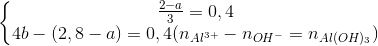 \left\{\begin{matrix} \frac{2-a}{3}=0,4\\ 4b-(2,8-a)=0,4 &(n_{Al^{3+}}-n_{OH^{-}}=n_{Al(OH)_{3}}) \end{matrix}\right.