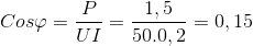 Cos\varphi =\frac{P}{UI}=\frac{1,5}{50.0,2}=0,15