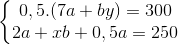 \left\{\begin{matrix} 0,5.(7a+by)=300\\ 2a+xb+0,5a=250 \end{matrix}\right.