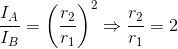 $\dfrac{I_A}{I_B} = \left (\dfrac{r_2}{r_1} \right )^2 \Rightarrow \dfrac{r_2}{r_1}=2$