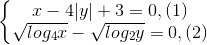 \left\{\begin{matrix} x- 4|y| + 3= 0 ,(1) & \\ \sqrt{log_{4}x}-\sqrt{log_{2}y} = 0 ,(2)& \end{matrix}\right.